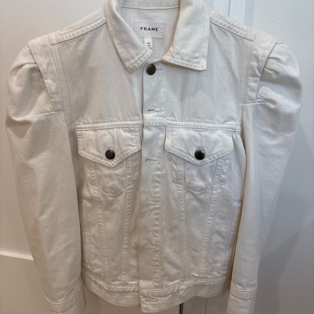 Frame puff sleeves white denim jacket